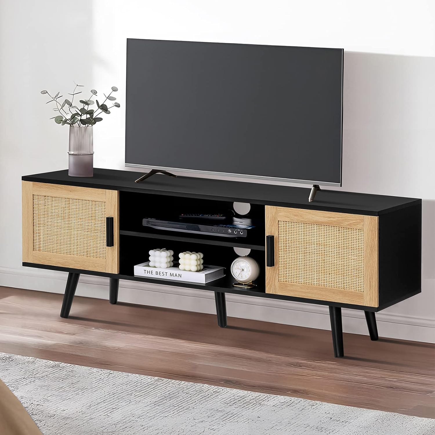 Iwell Rattan TV Stand for 55 Inch TV, Entertainment Center with 2 Cabinets & Shelf, Rattan TV Console, Media Console for Living Room, Black Natural